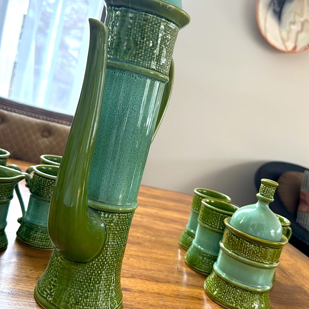 Vintage MCM Green Ceramic Coffee Set | Carafe 16 1/2 tall by 8 1/2 wide - Picture 17 of 17
